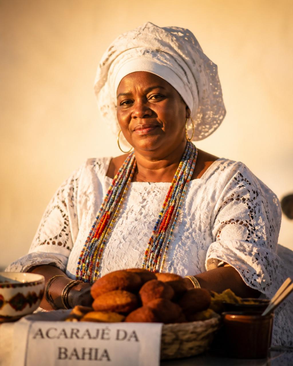 Baiana de acarajé com traje tradicional em retrato editorial